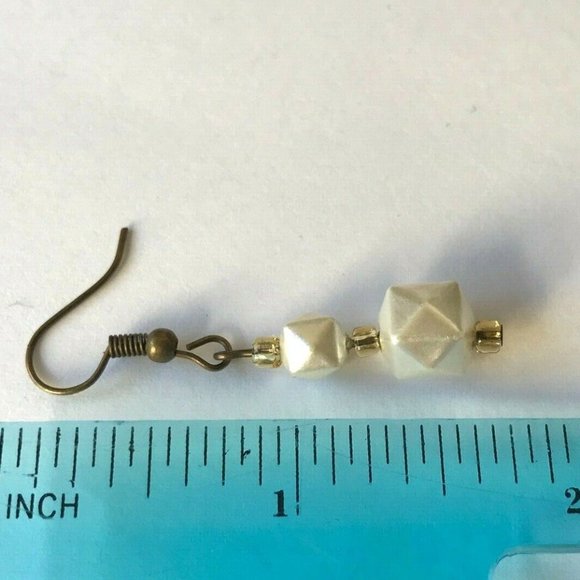 Vintage Cream White Bead Earrings MCM Upcycled 60's Geometric Beads Gold Plated - Picture 9 of 10